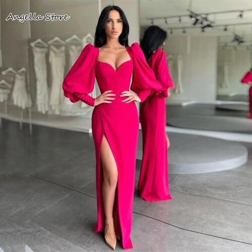 Fuchsia Puff Long Sleeves Evening Dresses For Women 2021 Sexy Side Split Satin Prom Dress Sweetheart Heart Shape Formal Gowns