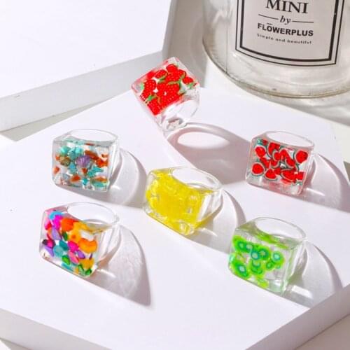 KISS WIFE Resin Acrylic Fruit Pattern Square Transparent Rings Fashion Simple Jewelry Gifts Ring For Women Girls New 2021Trend