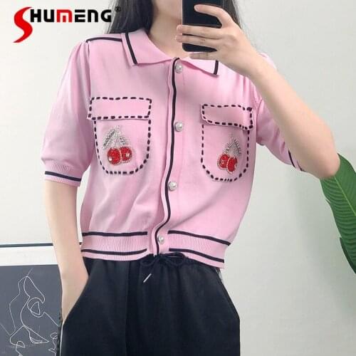 2021 Summer Embroidery Rhinestone Cherry New Polo Collar Ladies Knitted Top Half Sleeve Fashion Sweet Buttoned Sweater Cardigan