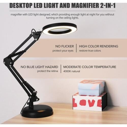 5X Magnifying Glass Desk Lamp Magnifier LED Light Foldable Reading Lamp with Three Dimming Modes USB Power Supply