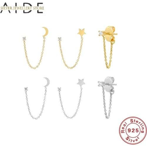 AIDE 1 Pc Elegant 925 Sterling Silver Earrings Moon/Star/Zircon Chain Pendientes Stud Earrings For Women Girl Gift Fine Jewelry