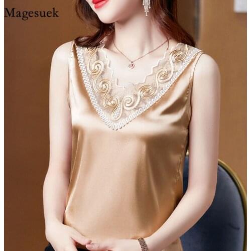 Satin Blouse Tops Silk Women Blouses Shirts Woman Elastic Lace Shirt Top Plus Size Woman V-neck Embroidery Blouses Shirts 13787