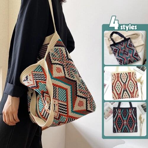 Gypsy Bohemian Boho Chic Aztec Lady Knitting Tote Bag Women Crochet Woolen Open Shopper Top-handle Bag Daily travel Handbag