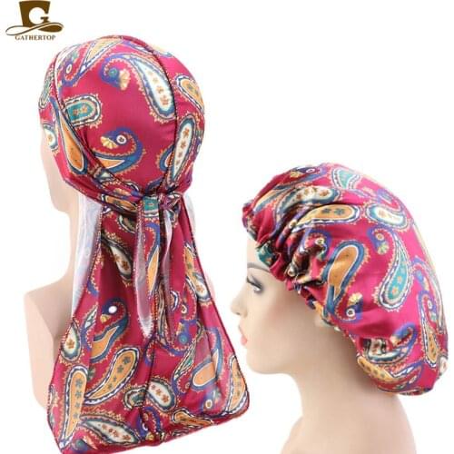 Custom designer print silky satin durag Match Silk Bonnet for Women silky Bandanas for Men Long Tail Durags Wave Cap Sleep Cap
