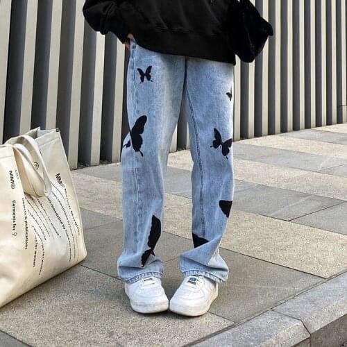 Denim Trousers Streetwear Butterfly Vintage Jeans Women Baggy Plus Size High Waist Straight Pants Casual Harajuku Pantalon Mujer
