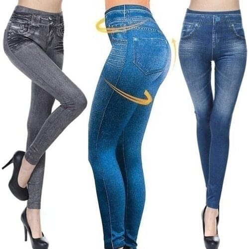 Ladies Hot Style High-Waist Cotton Imitation Denim Leggings Denim Pants Solid Color Slim-Fit Trousers With Pockets S-L
