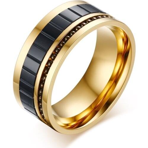 10mm Beads Inlay Anniversary Rings Mens Gold Black Statement Wedding Rings in Stainless Steel Free Laser Engraving