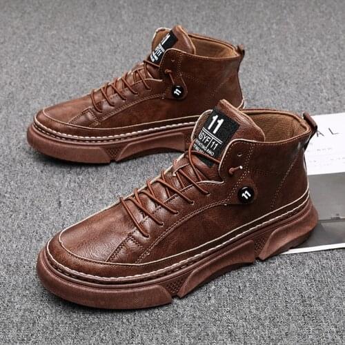 2020 Fashion Brown Men Casual Sneakers Platform High Top Shoes for Men Korean Style Comfort PU Leather Shoes Men Zapatos Hombre
