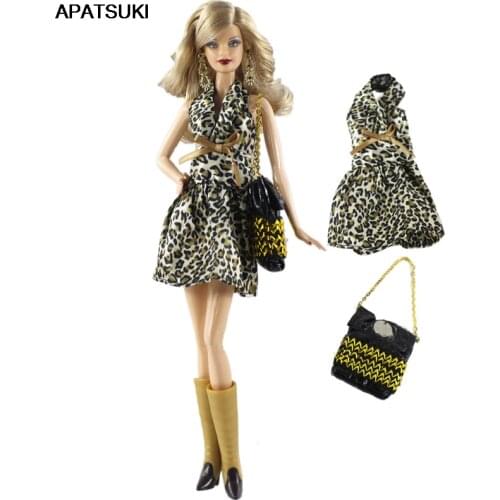 Leopard Fashion Dress For Barbie Doll Clothes Handbag Fashion Outfits For Barbie Dollhouse 1/6 Doll Accessories Kids Toy