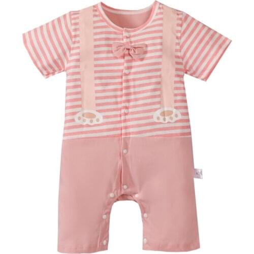 Toddler Baby Boy Girl Clothes Striped Stitching Short Sleeve Romper Strap Pattern Bowknot Bodysuit Unisex Clothes 0-18Months