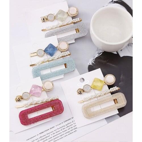 MISANANRYNE 3PCS/Set Fashion Pearls Acetate Geometric Hair Clips For Women Girls Sweet Hairpins Barrettes Hair Accessories Set