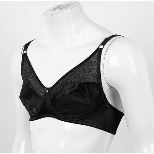 Mens Sissy Lingerie Embroidery Mesh Splice Padded Underwired Bra for Male Fake Boobs Sexy Crossdressing Erotic Gay Underwear