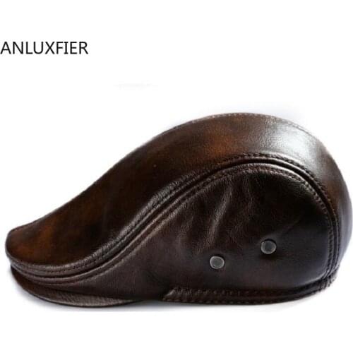 Genuine Leather Hat Men Women Spring Autumn Cowhide Beret Cap Youth Leisure Berets Hats Middle Aged Elderly Warm Caps H6957