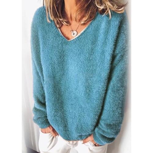 Autumn Winter Women Solid Color Plush Fluffy Loose Sweater Pullover Blouse Top Big Size Sweater