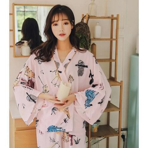 Suit Nighty Cosy Cotton Femme Bathrobe Spring Autumn Homewear Cartoon Ladies Pajamas Set Women Kimono Lovely Pink Sleepwear