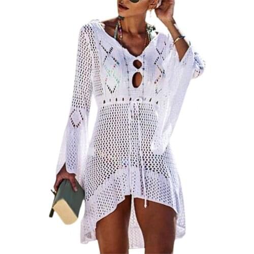Beach Cover Up Crochet Knitted Tassel Tie Beachwear Hollow Out Sexy Women Flared Sleeves Solid Color Summer Swimsuit Beach Dress