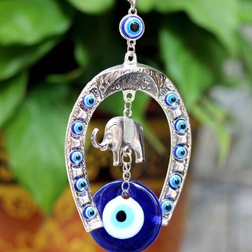 Turkish Blue Eye Horseshoe with Elephant and Ribbon Wall Hanging Amulet Ethnic Lucky Gift Pendants Home Car Hanging Decorations