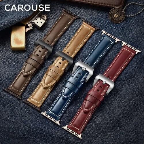 Carouse Oil Wax Leather Handmade For Apple Watch Band Series SE/6/5/4/3/2/1 38mm 42mm Strap For iWatch 44mm 40mm Watchband