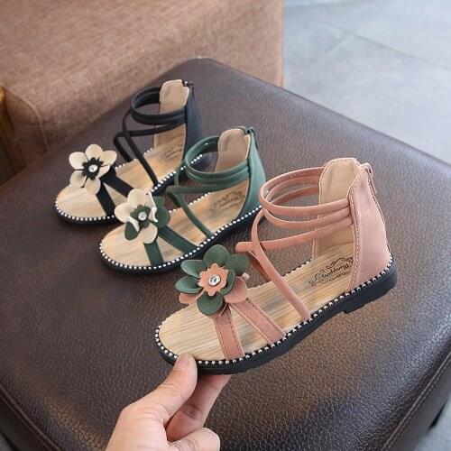 Girls sandals 2021 summer new fashion Korean version of the big children sun flower soft bottom students open toe Roman sandals