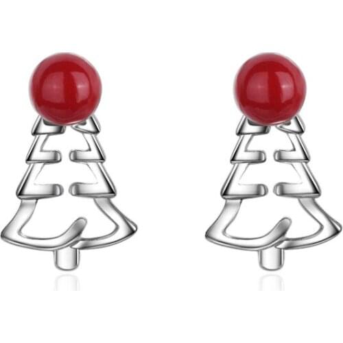 New Elegant Red Plastic Pearl Christmas Tree 925 Sterling Silver Ladies Stud Earrings Jewelry For Women Anti Allergy Gift Girls