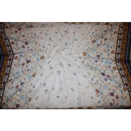 145cm width 75d printed chiffon fabric butterfly and flower CH6358 for summer skirt suit-dress white