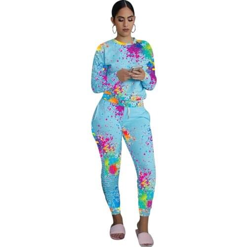 2 Piece Set Womens Casual Suit Tracksuit Round Collar Print Multi-Color Top + Tight Stretch Pants Straight Pants Sweatpants
