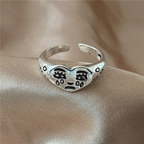 Vintage Crying Face Adjustable Ring Tears Expression Open Rings Geometric Cute Silver Color Ring Accessories Jewelry for Women
