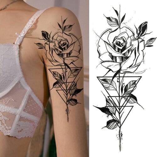 Triangle Sexy Realistic Flower Temporary Tattoos For Women Girls Body Art Black Small Rose Adult Fake Tattoo Stickers