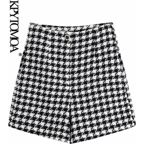 KPYTOMOA Women 2021 Fashion Houndstooth Tweed Bermuda Shorts Vintage High Waist Zipper Fly Female Short Pants Mujer
