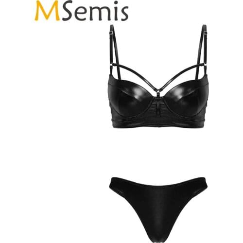 MSemis 2Pcs Womens Bright Leather Swimsuit Swimwear Bathing Suit Sexy Bondage Harness Fetish Body Cage Bra Thong Bikini Bottoms