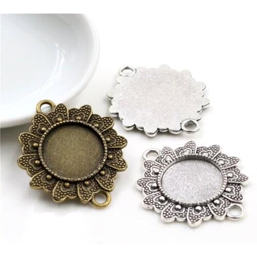 10pcs 16mm Inner Size Antique Bronze Antique Silver Plated Flower Connection Style Cabochon Base Cameo Setting Charms Pendant