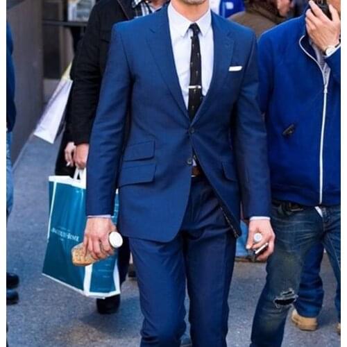 2021 Custom Fashion Men Suits Blue Formal Groom For Wedding Dress Big Size Slim Tuxedos Mens Suit Peak Lapel Wedding Groom Set