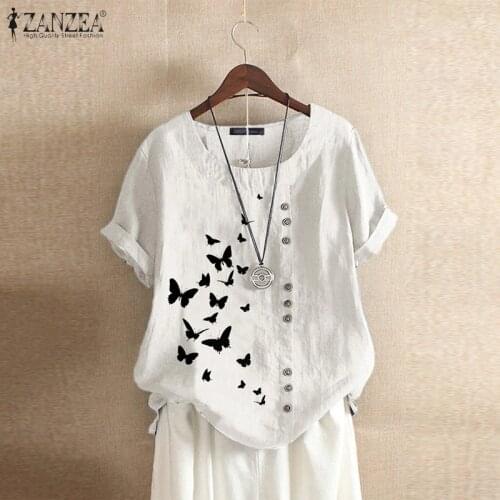 ZANZEA Summer Women Blouse Casual Short Sleeve Butterfly Printed Shirts Vintage Tops Cotton Linen Blusas Loose Top
