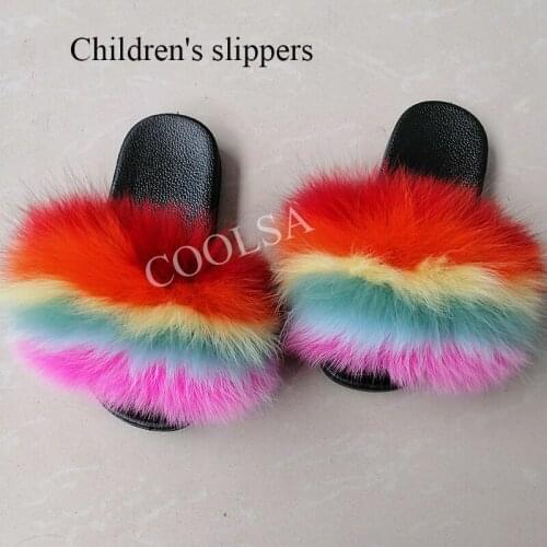 COOLSA Hot New Childrens Rainbow Fox Fur Slippers Fluffy Plush Soft Slides Cute Plush PVC Quality Sandals Beach Flip Flops