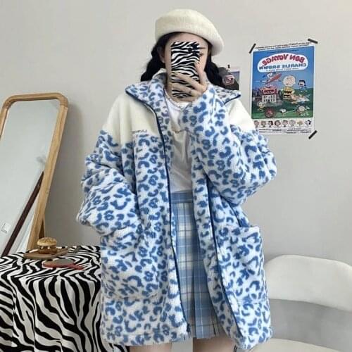 Sweet cow and leopard printcollar autumn and winter wear plus size long-sleeved sweater women stand-up Harajuku style trend Y2K