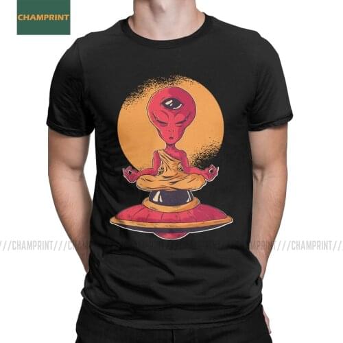 Alien Yoga Meditationon Ufo Buddha T Shirts Mens Cotton Awesome T-Shirts Meditation Zen Spiritual Buddhism Tee Short Sleeve