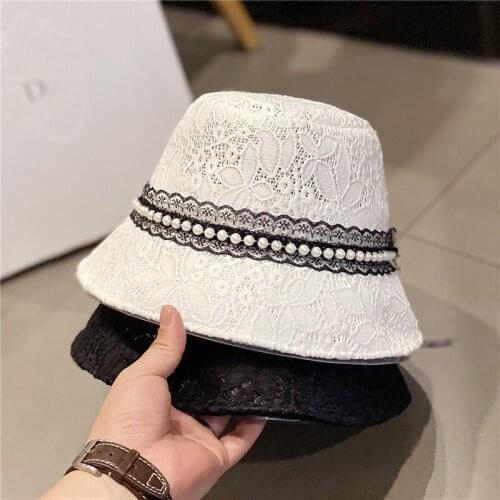 Korean Fashion Pearl Lace Bucket Fisherman Hat For Women Female Retro Breathable Summer Sunscreen Beach Sun Hats Spring Wedding