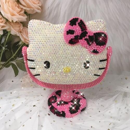 Pink Leopard KT Rhinestone Mirror Handmade Helloo Kitty Decorative Mirrors Portable Table Kawaii Makeup Decor Cat Vanity Mirror