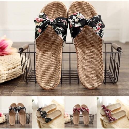 Women Summer Casual Slides Comfortable Flax Slippers Striped Bow Linen Flip Flops Platform Sandals Ladies Indoor Shoes Plus Size