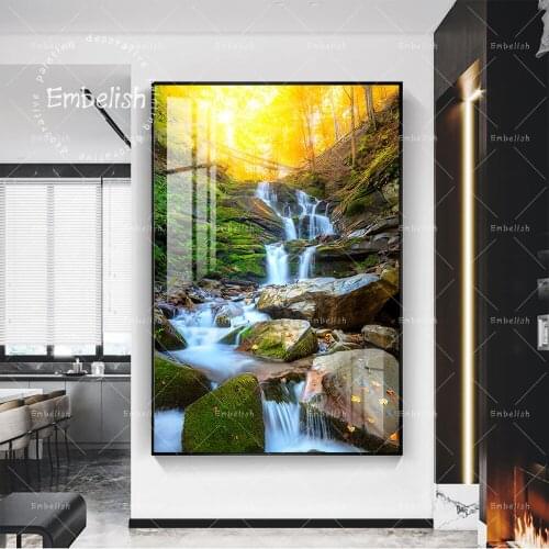Waterfall Stream In The Rocks Sunrise Modern Artworks For Living Room Wall Art Posters HD Spray On Canvas Home Decor Paintings