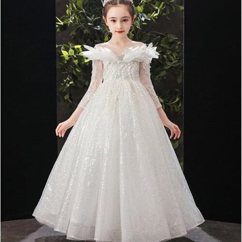 First communion Tulle Lace Party Dress for Girls Flower Girl Beading Decoration Pageant Long Dresses Sequins Girl Dress