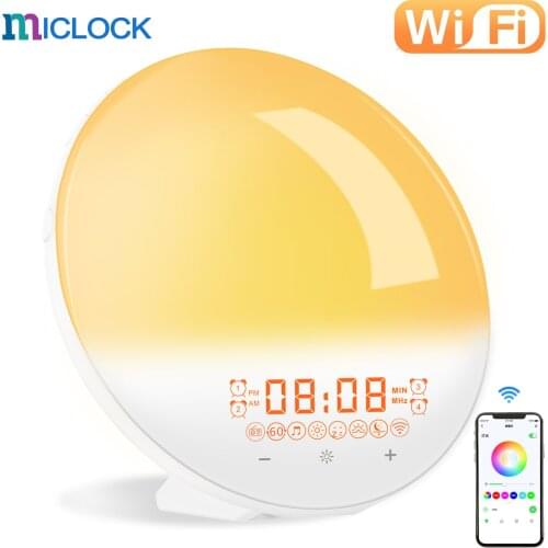AKABELL WiFi Smart Wake Up Light Alarm Clock With APP Control 7 Colors Snooze FM Radio Digital Clock For Alexa Google Home