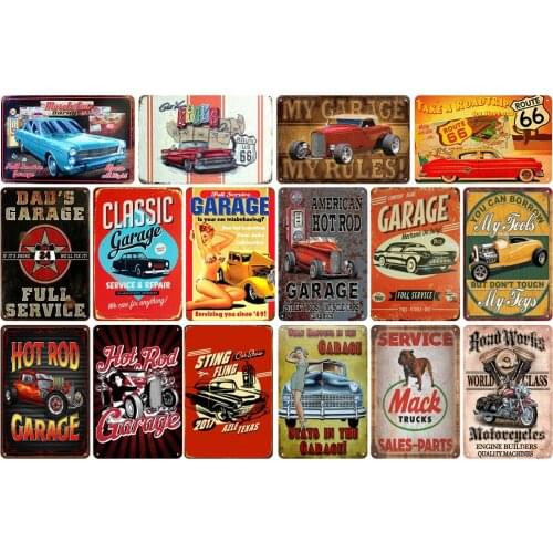Vintage Metal Tin Plate of Dad Garage Car My Tools My Toys My Rules Hot Rod for Garage Decorative Art Wall Stickers Poster