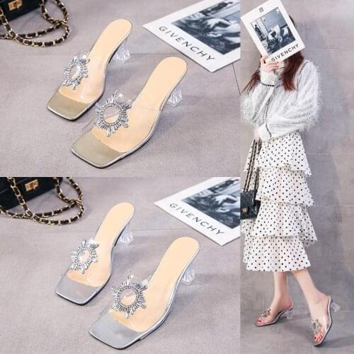 Large Size 44 Womens Shoes New Summer One Word With Transparent Sandals Female Thick Heel High Heels Crystal Heel Sexy Sandals