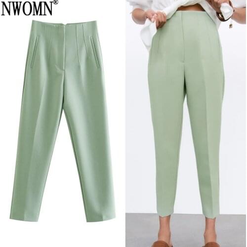 NWOMN Za Women Green High Waist Pants For Women Summer 2021 Beige Trousers Elegant Pink Pants Office Spring Casual Woman Pants