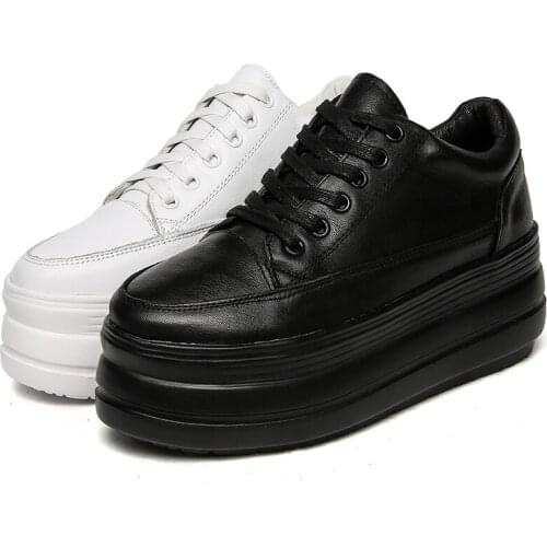 Koznoy 7.5cm Super Thick Sole Platform Chunky Shoes Ins Za Sneakers Genuine Leather Waterproof Vulcanized Wedge Casual Shoes