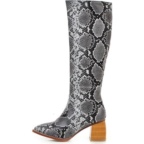 Winter for woman new fashion sexy new gray Serpentine brown Zipper Pointed toe Big size Block heels Knee high boots 34-47