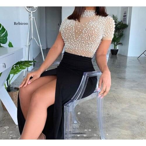 Women Elegant Mesh Patchwork Long Dress with Pearls Casual Ladies Short Sleeve o Neck High Waist Split Dress