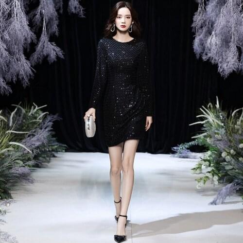 O-Neck Prom Dress Fashion Black Sequins Simple Full Sleeves Above Knee Mermaid Backless Plus size Women Formal Party Gown C866