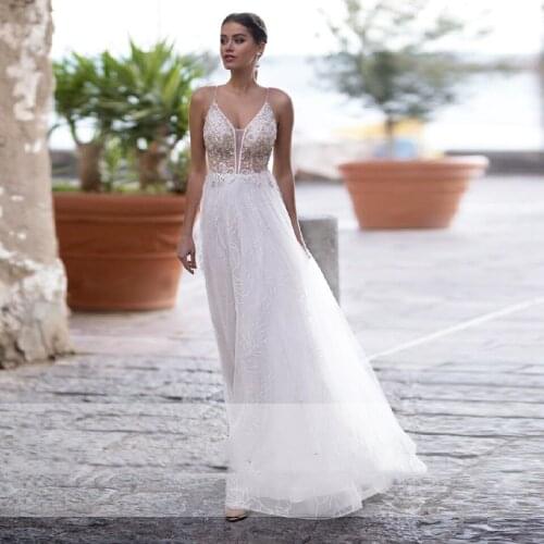 Vestidos Boho Sexy Bridal Wedding Dress Beach 2021 Abito da Sposa Sheer White Tulle Mariage Beaded V Neck Boho Gorgeous Cheap